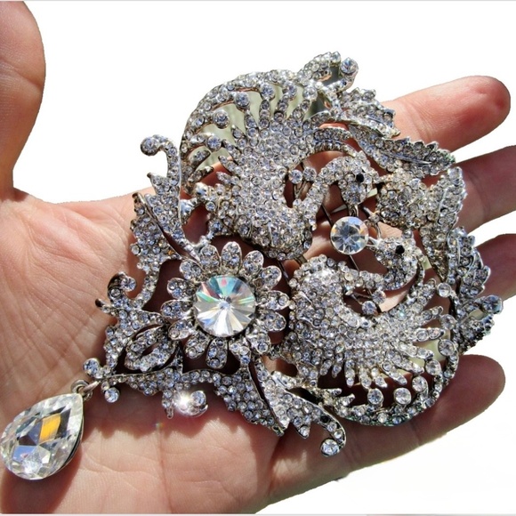 vintage double bird rhinestone brooch ... clear rhinestones, love birds - Picture 4 of 8
